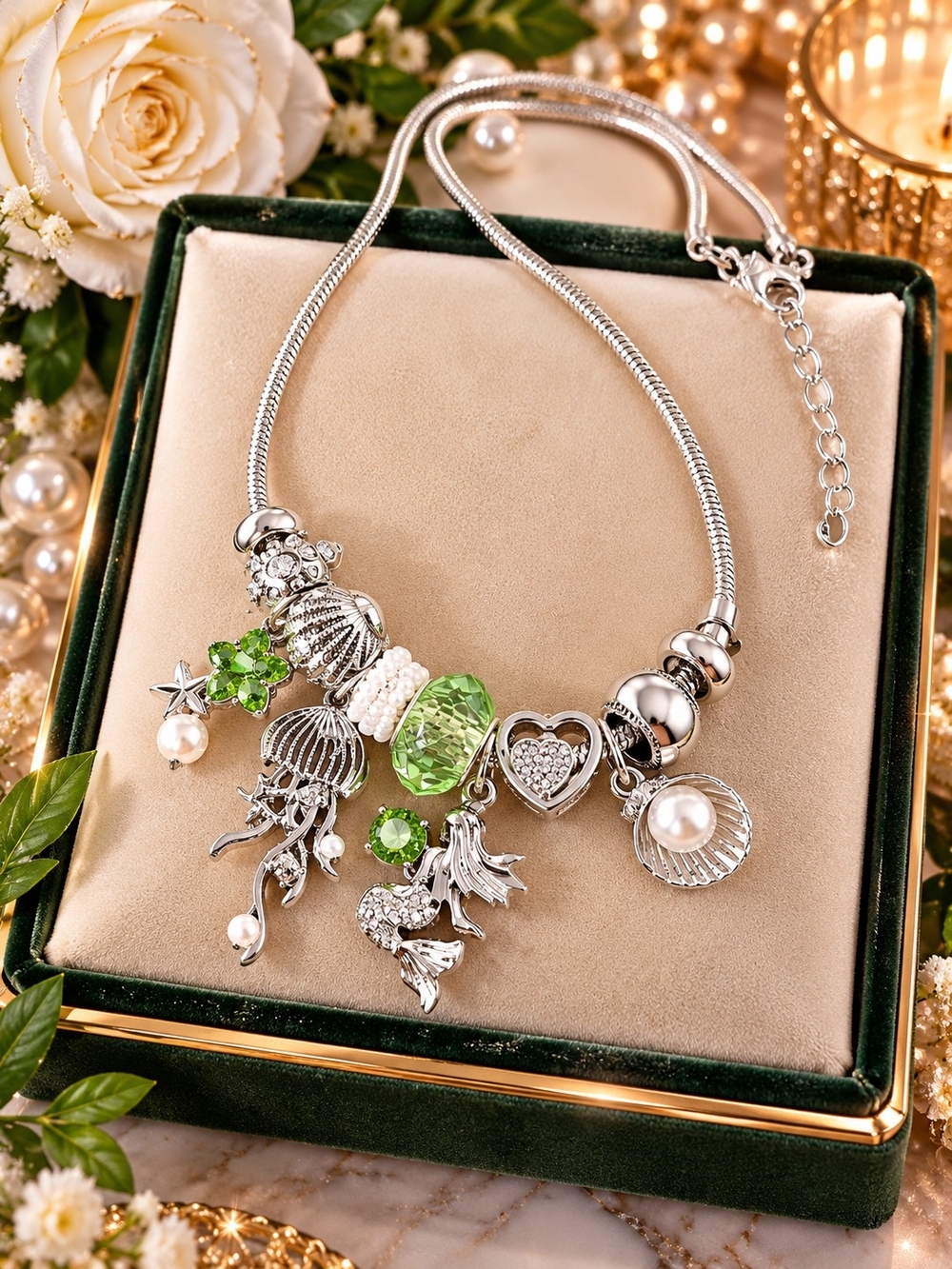 Silver Necklace with Green Crystal Charms and Pearls - Women Jewelry